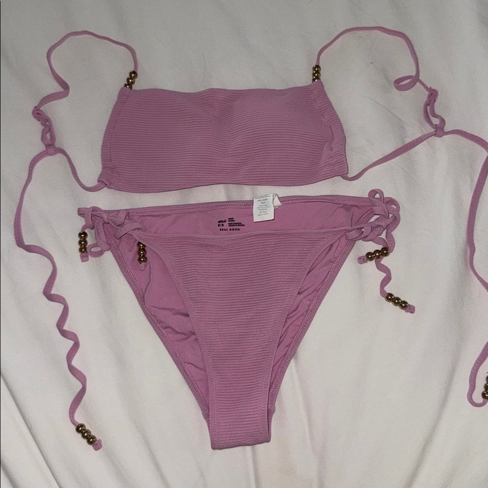 aerie Pink Ribbed String Bikini Set